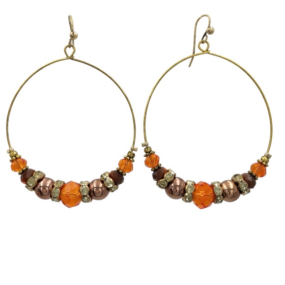 Orange & Brown Beaded Drop Hoop Gold Tone Dangle Earrings - Picture 1 of 3
